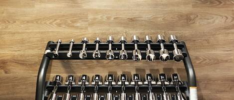 A wall-mounted clock with Roman numerals and a black wall-mounted dumbbell rack with weights.
