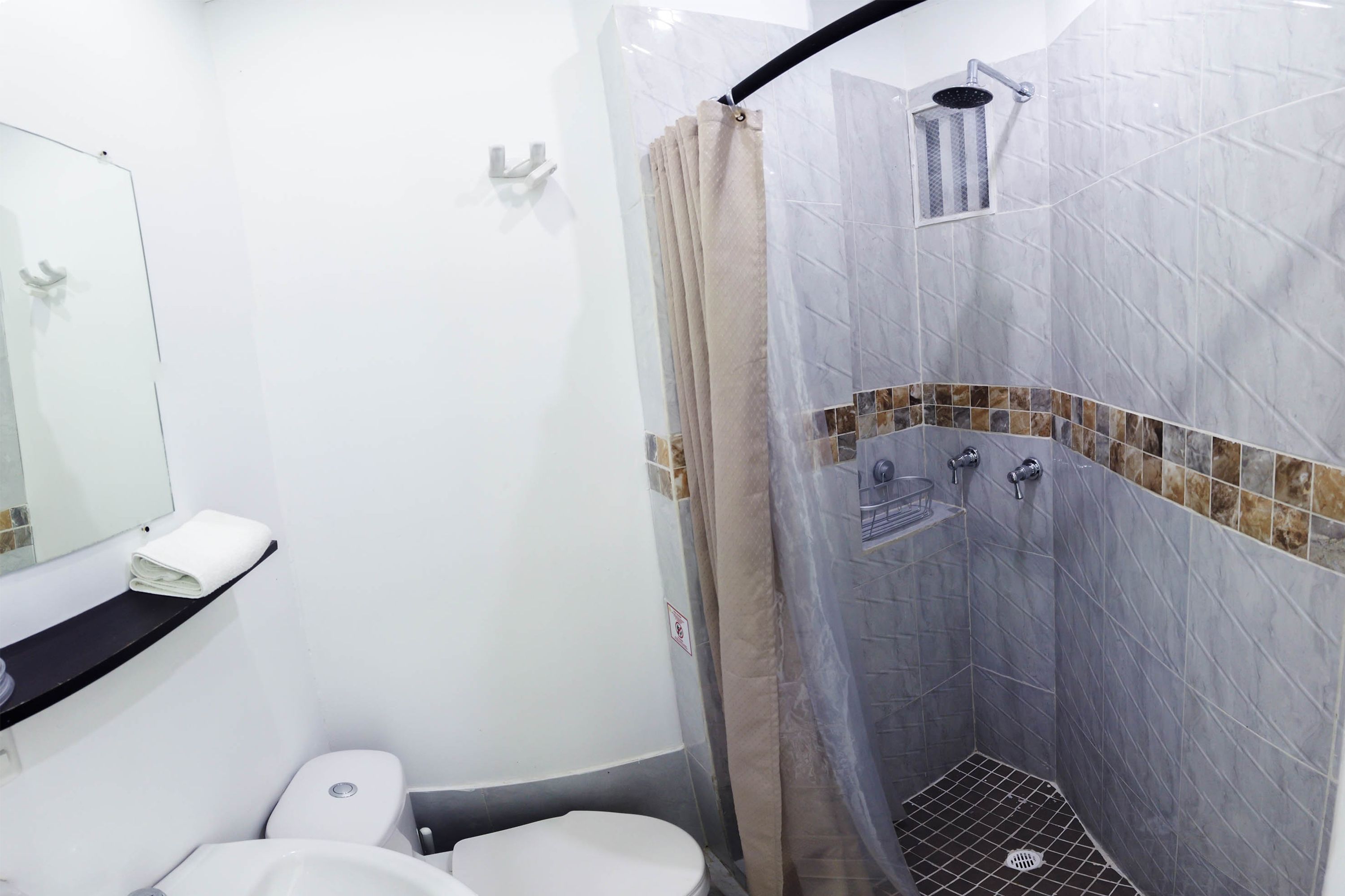 A bathroom with a toilet, a sink, a shower with a curtain, and a mirror.