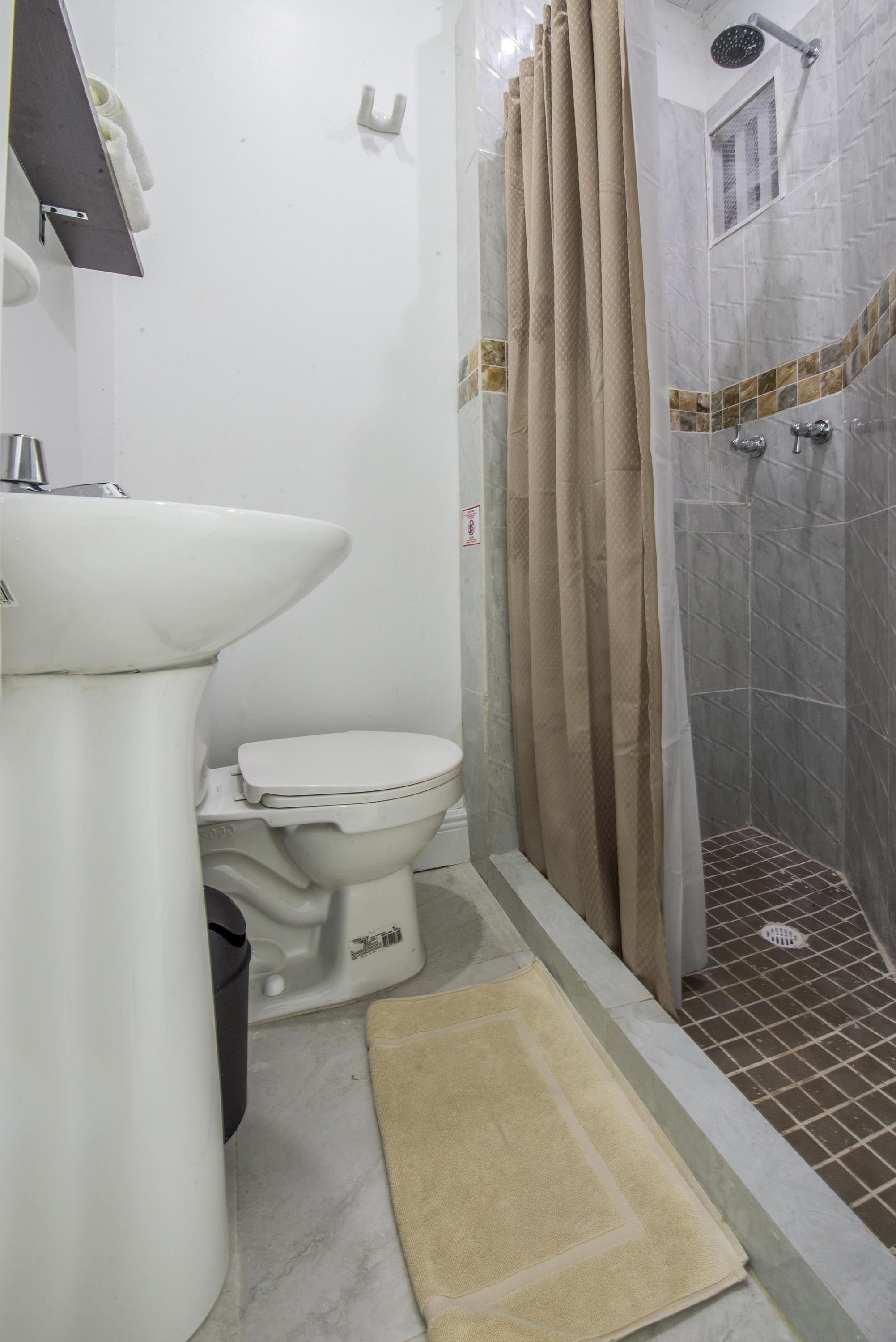 A bathroom with a toilet, sink, shower, and a beige rug.