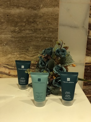 Douche, articles de toilette gratuits, sĂšche-cheveux, chaussons