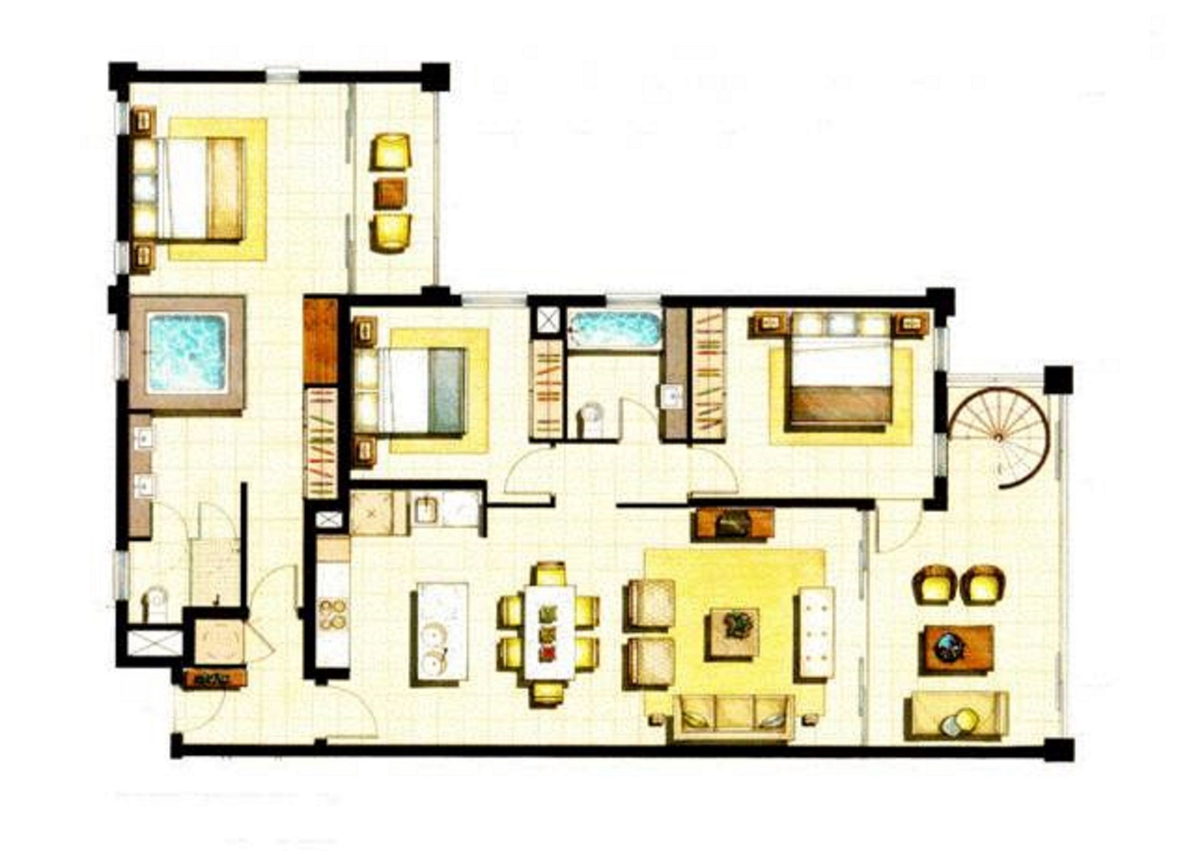 A floor plan of a hotel with a swimming pool, multiple bedrooms, a living area, and a dining area.