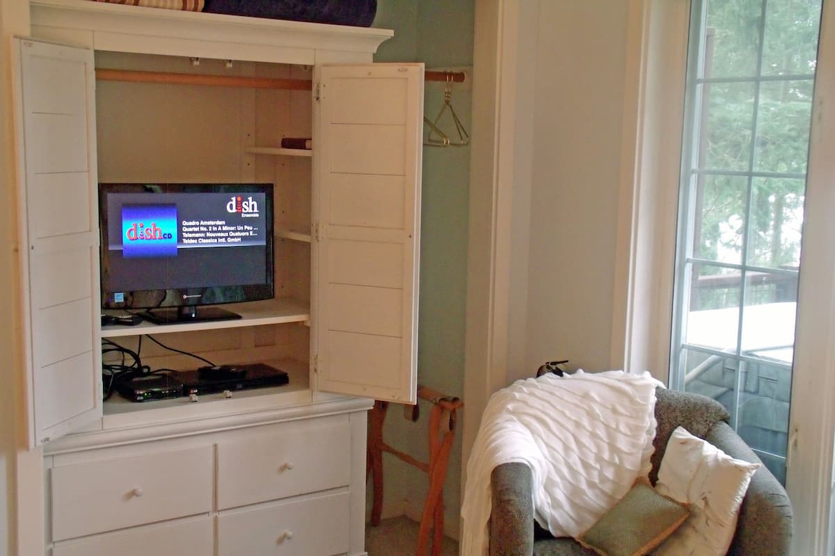 A living room with a television on a white cabinet, a grey sofa with a white blanket, and a window with a view of trees.