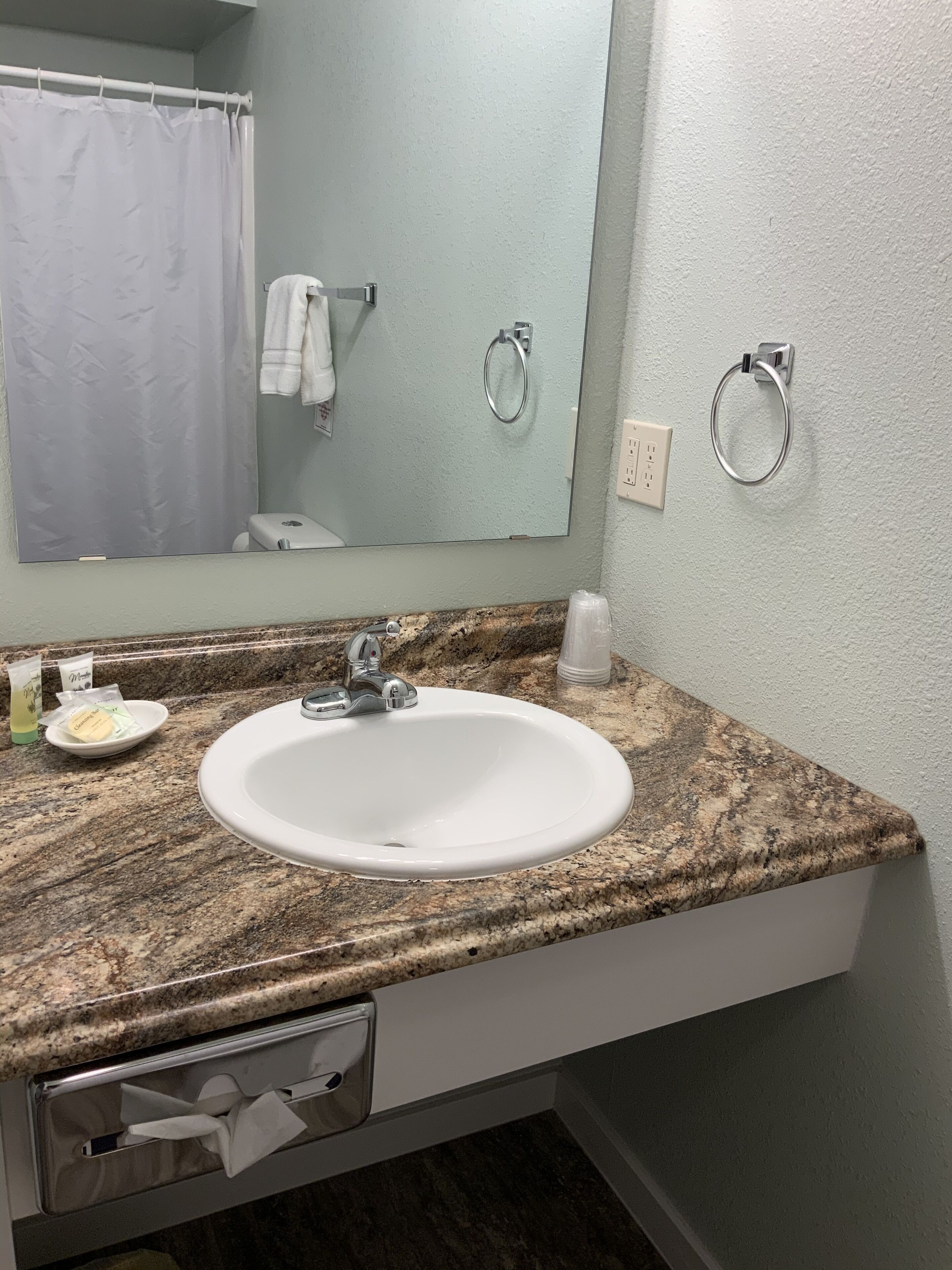 A bathroom with a white sink, granite countertop, and a mirror. There is a towel rack, a shower curtain, and a toilet visible.