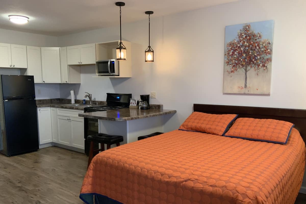 Une chambre avec une couvre-lit orange, une cuisine avec des meubles blancs, un réfrigérateur noir et un four à micro-ondes.