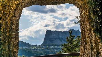 L’entrée d’un tunnel offrant une vue sur une montagne et des arbres.