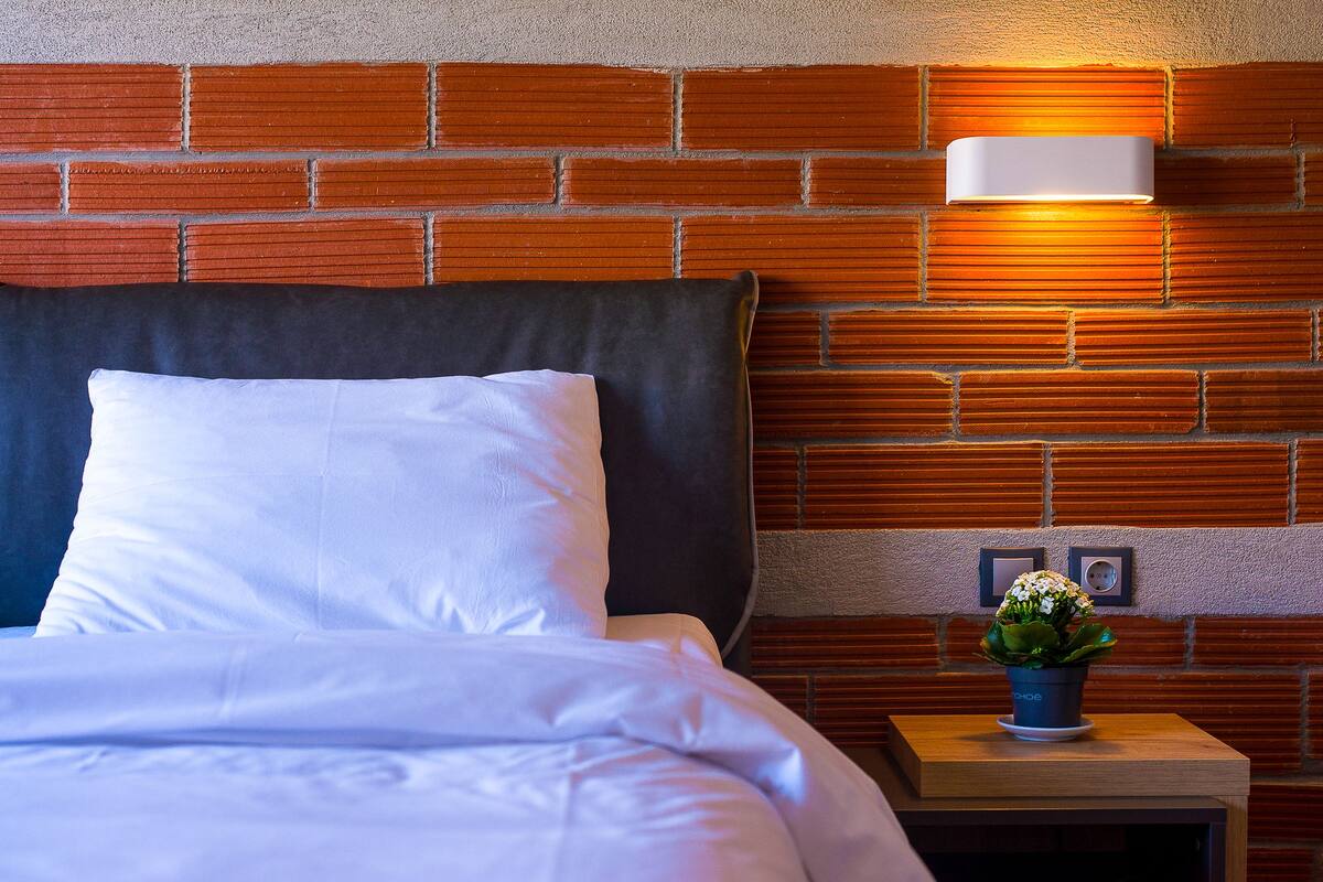 A neatly made bed with white linens, a dark headboard, and a small bedside table with a potted plant.