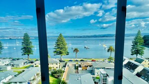 A residential area with modern houses, a marina with boats, and a clear blue sky. - The Beaumont Apartments (Tauranga)