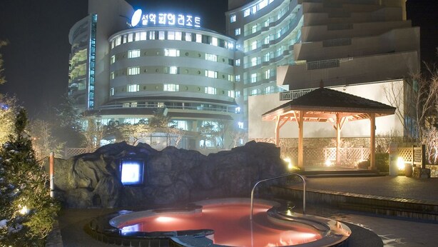 A hotel with a modern design, featuring a large pool area with a hot tub and a gazebo. - Seorak Pine Resort (Sokcho)