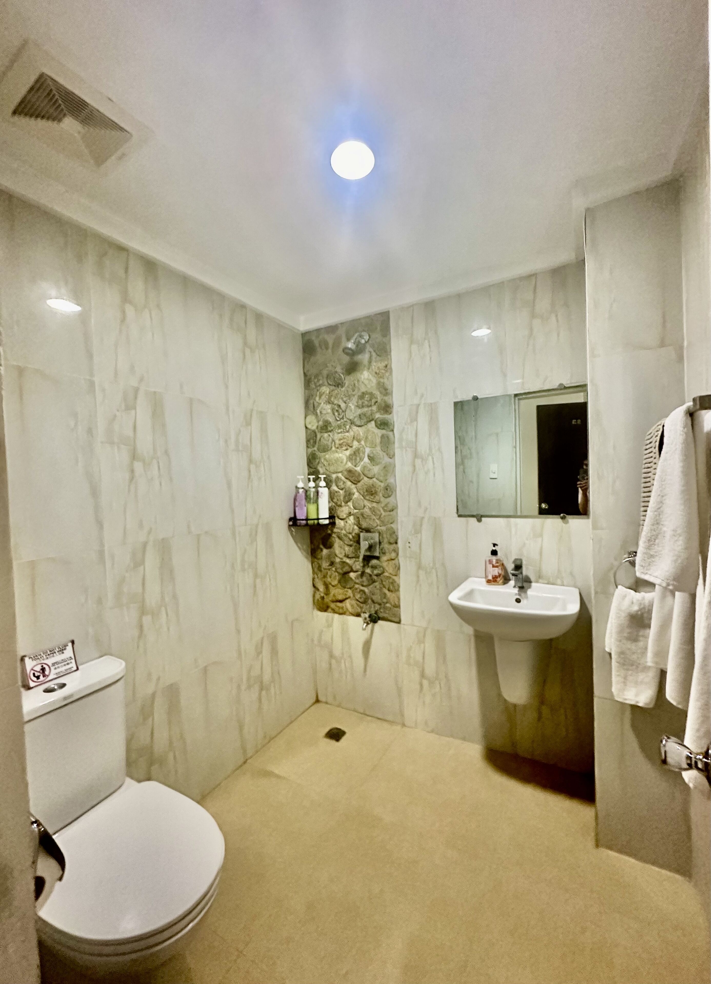 A bathroom with a toilet, sink, and a stone accent wall.
