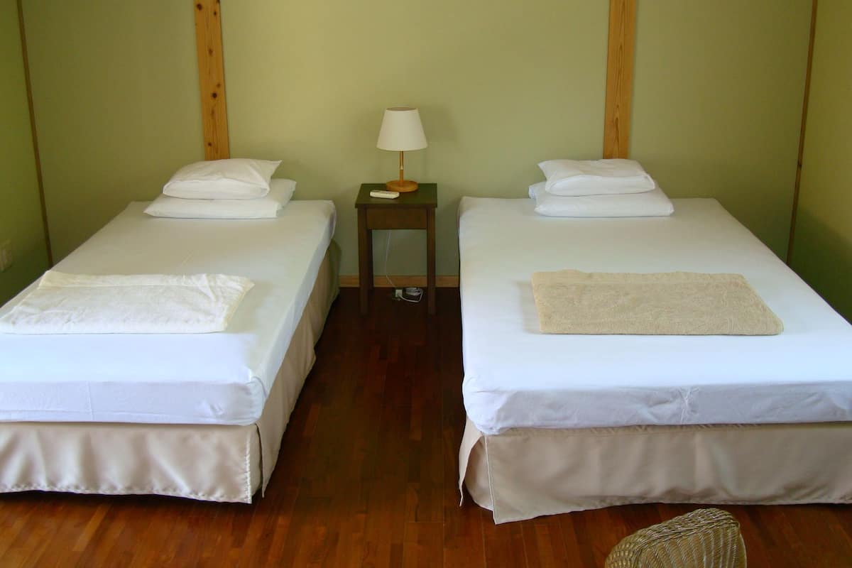 A room with two single beds, each with white linens and pillows, a small bedside table with a lamp, and a wooden floor.