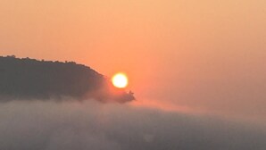 A sunrise over a misty landscape with a path leading through a forested area. - 360 Lakefront Restro and Lodge (Pokhara)