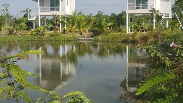 Two white buildings with balconies, a calm pond in the foreground, and lush greenery around. - Baansuan Keb Tawan Resort (Lop Buri)