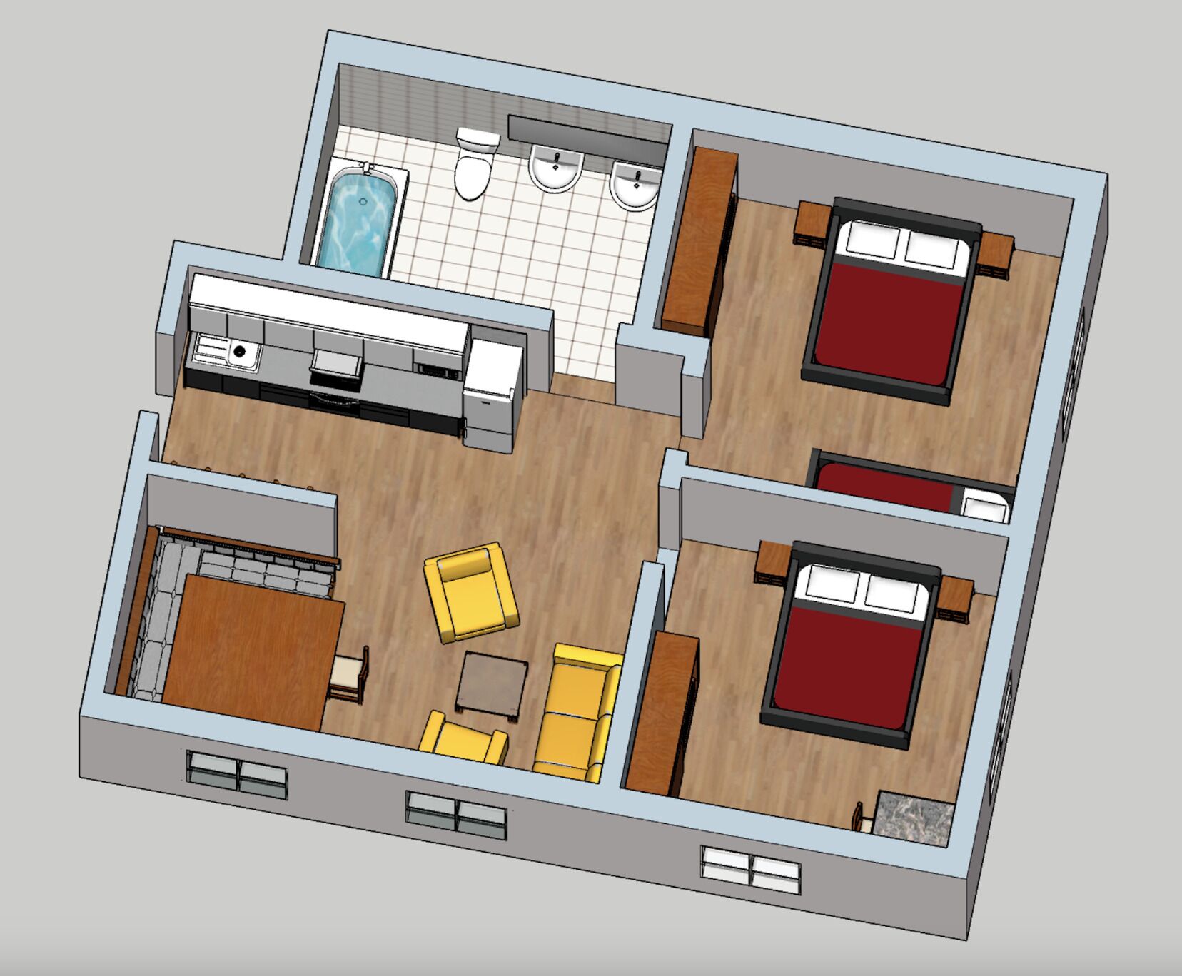 Plano tridimensional de una habitación de hotel con cocina, baño, sala de estar con sofá y sillones, y dos camas.