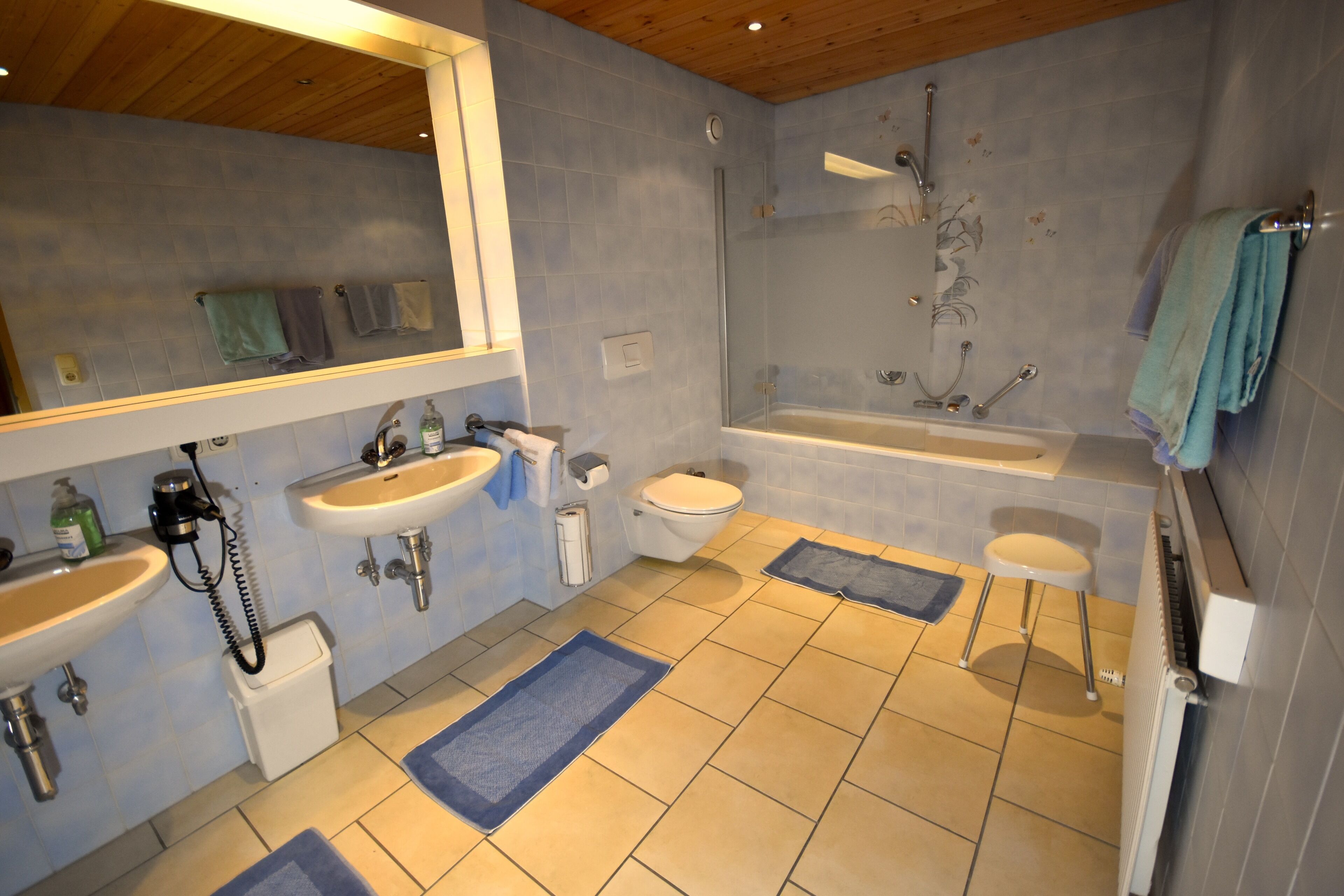 A bathroom with a shower, two sinks, a toilet, and a bathtub.