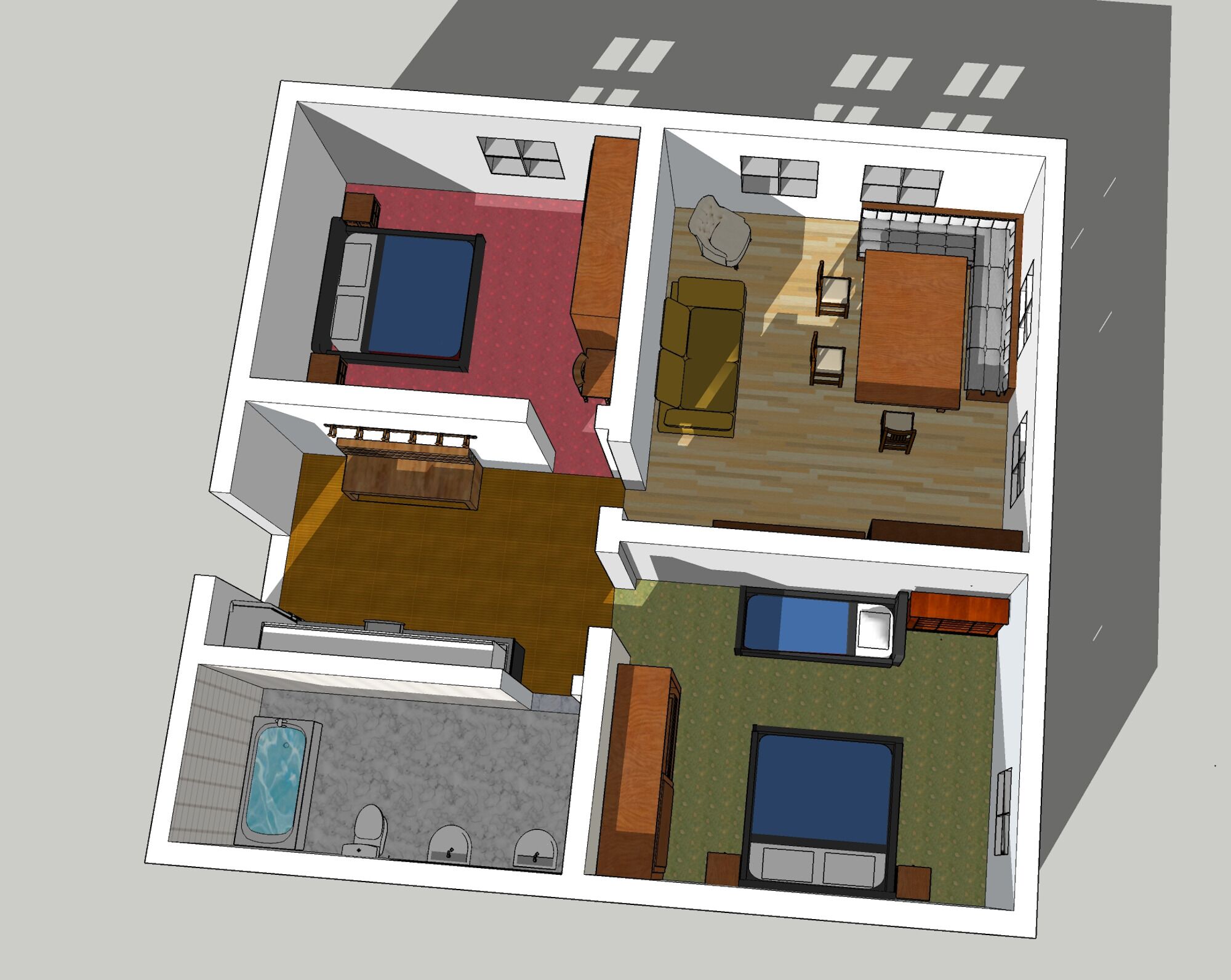 A 3D floor plan of a hotel with multiple rooms, including a bedroom with a large bed, a bathroom with a bathtub, and a living area with a sofa and a TV.