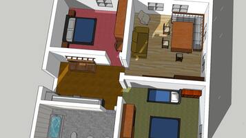 A 3D floor plan of a hotel with multiple rooms, including a bedroom with a large bed, a bathroom with a bathtub, and a living area with a sofa and a TV.