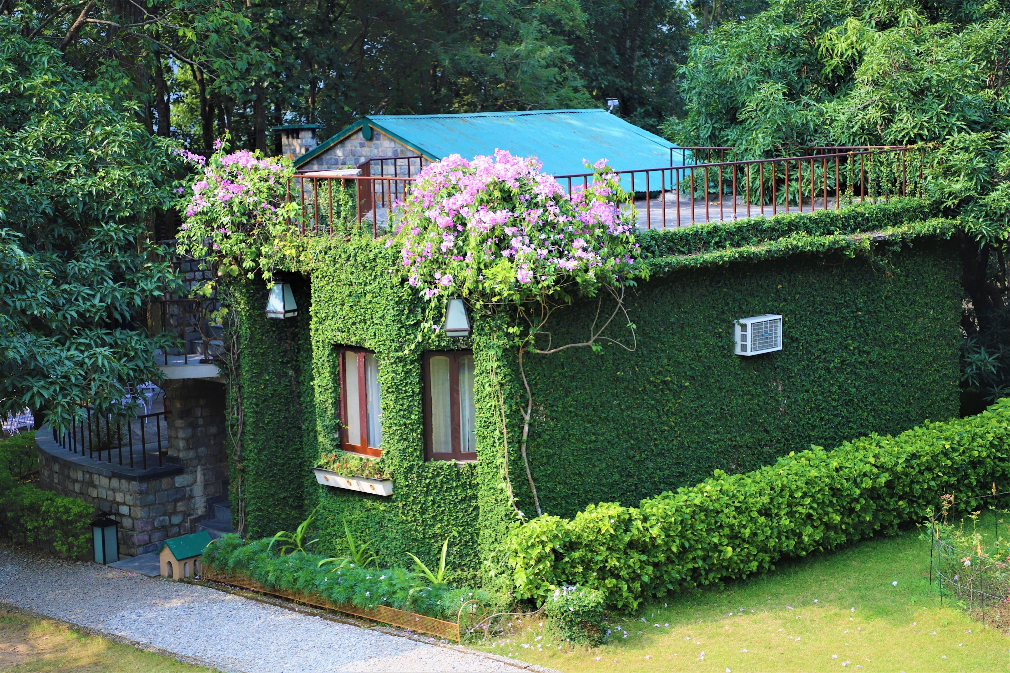 A house with a green roof, ivy-covered walls, and a small porch with a bench.