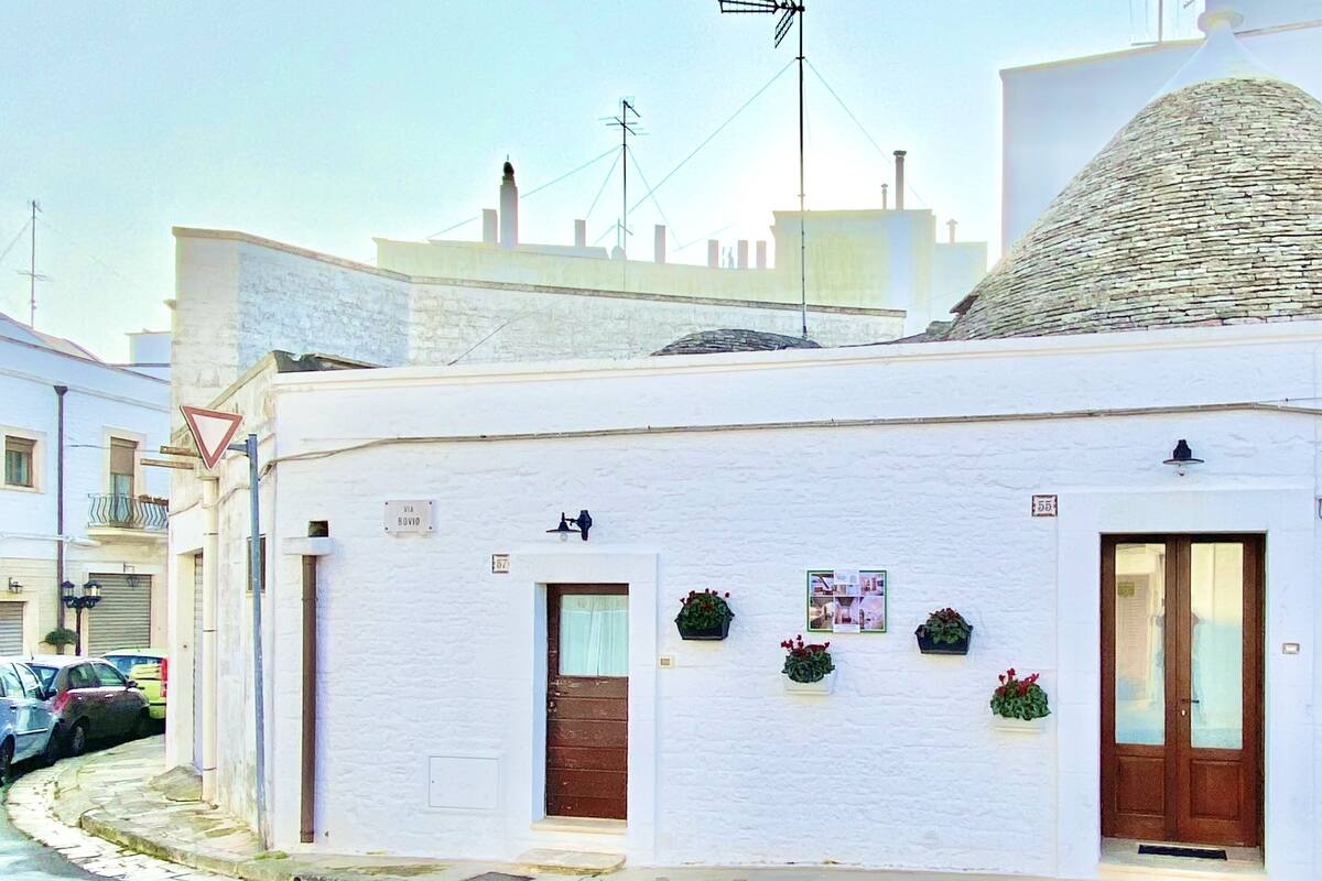 A white building with a stone dome, two wooden doors, and potted plants on the facade.