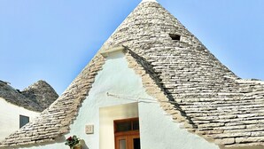 A traditional stone-roofed building with a wooden door and two flower pots on the walls. - Trulli Fenice Alberobello (Alberobello)