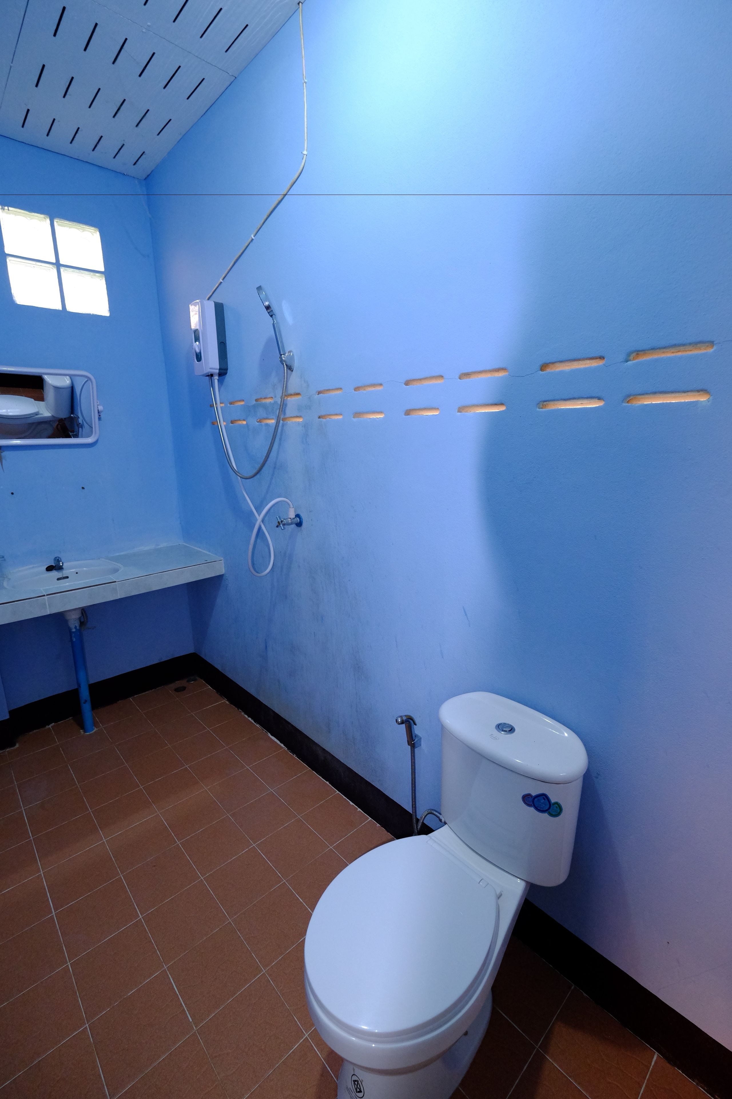 Un baño con inodoro blanco, lavabo y ducha.