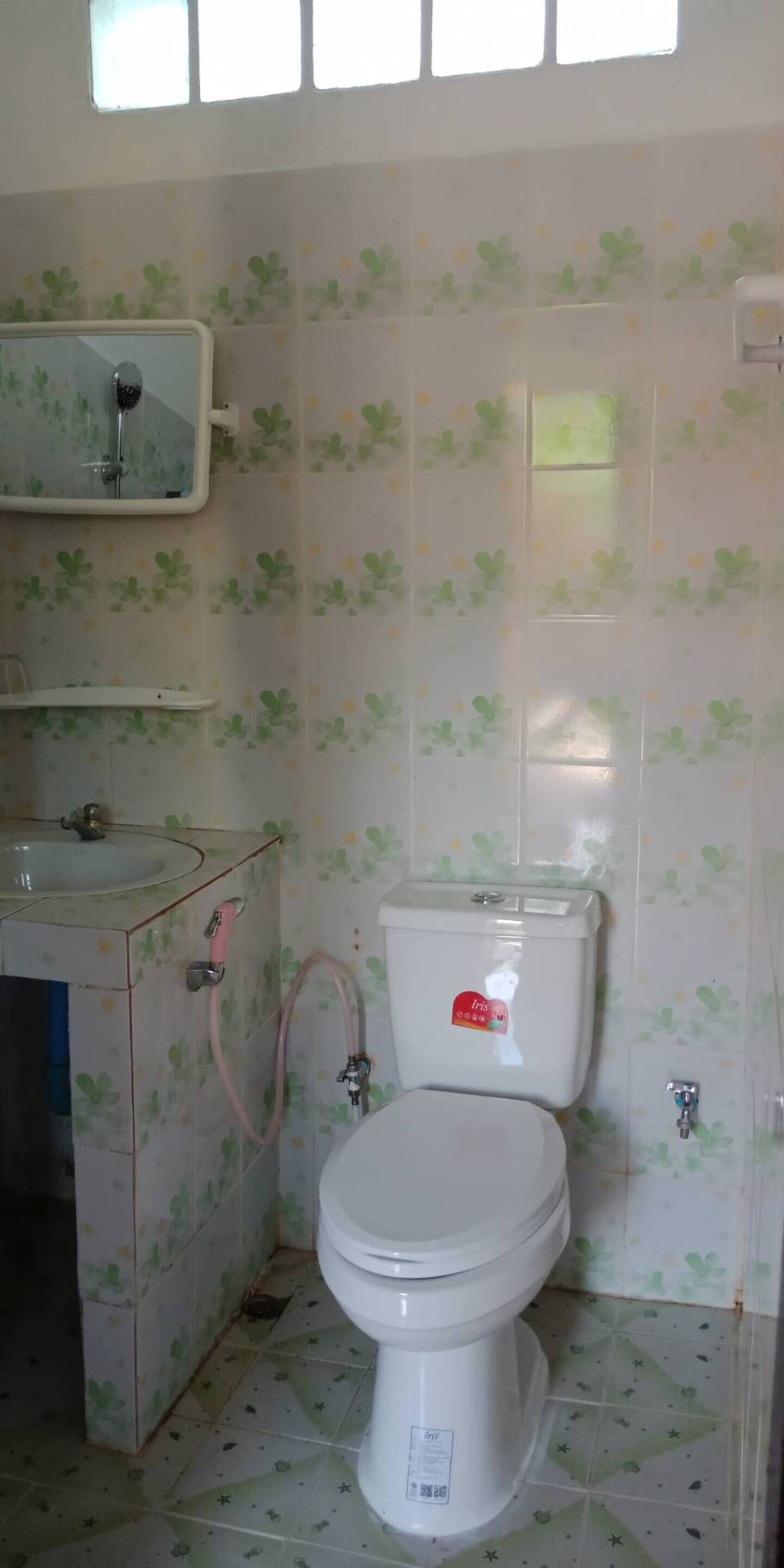 Une salle de bain avec des toilettes, un lavabo et une douche.