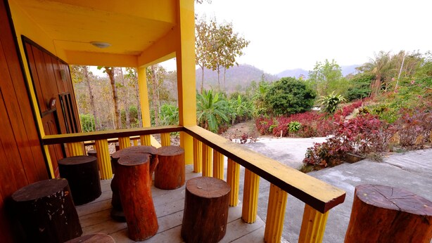 A wooden porch with a yellow railing, surrounded by large wooden stumps and a view of a lush garden with various plants and trees.