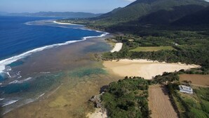 Vista aérea de una zona costera con playa, aguas claras y montañas al fondo.