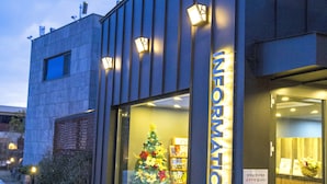 Ein modernes Gebäude mit einem großen Fenster, das einen Weihnachtsbaum und Bücher zeigt.