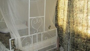 A room with a bed under a white canopy, a small bedside table, and a patterned curtain. - Fortune Green Hotel (Murang'a)