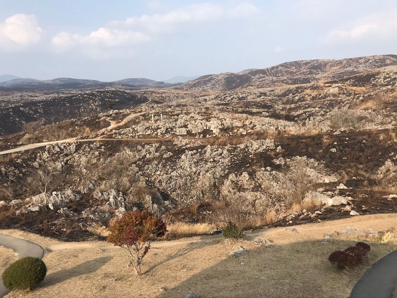 Un paisaje montañoso con un sendero de tierra y vegetación escasa.