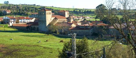 A historic town with a prominent church and surrounding buildings, a green field with grazing horses, and a hill in the background.