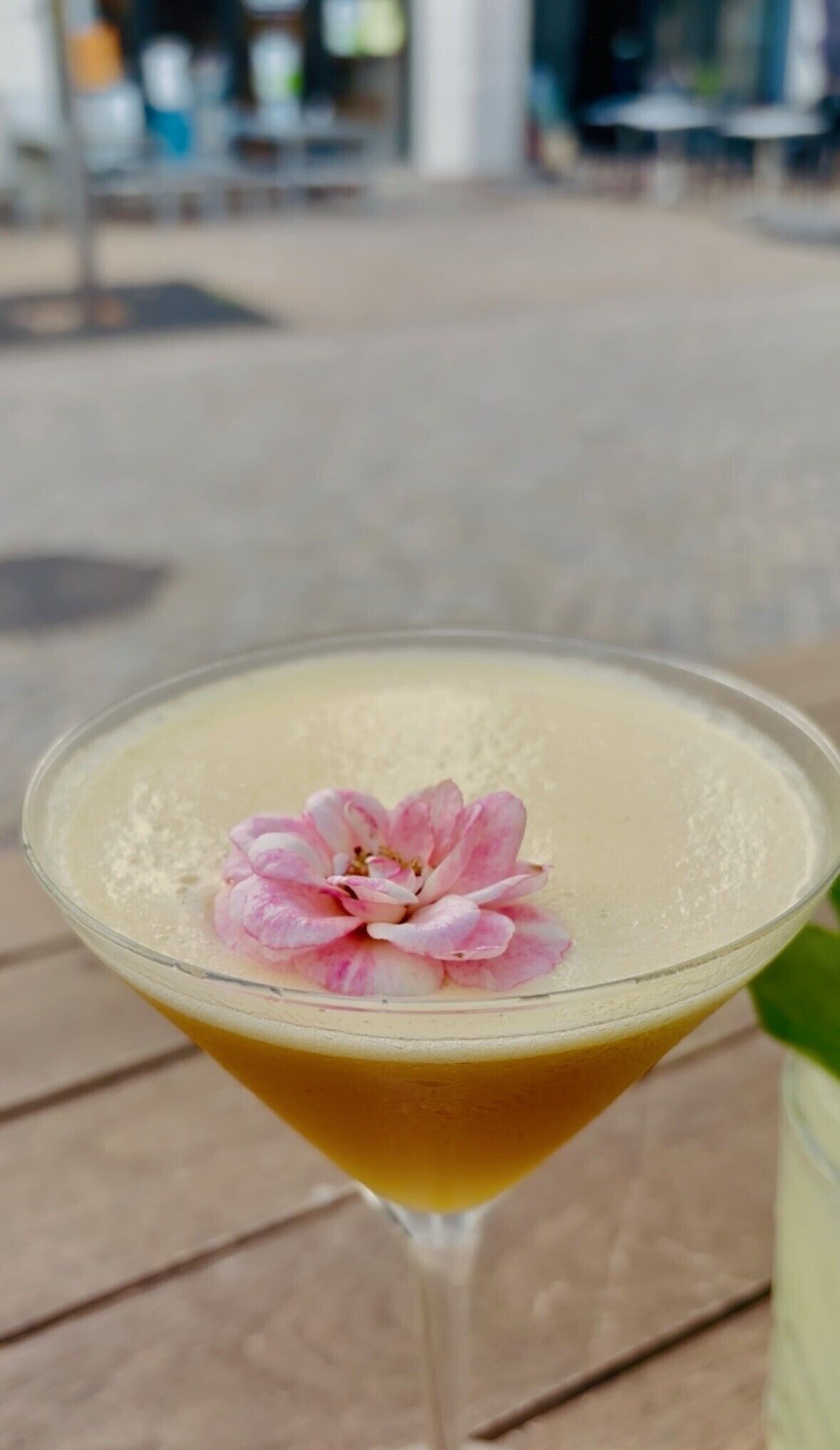 A martini glass with a pink flower garnish on a table.