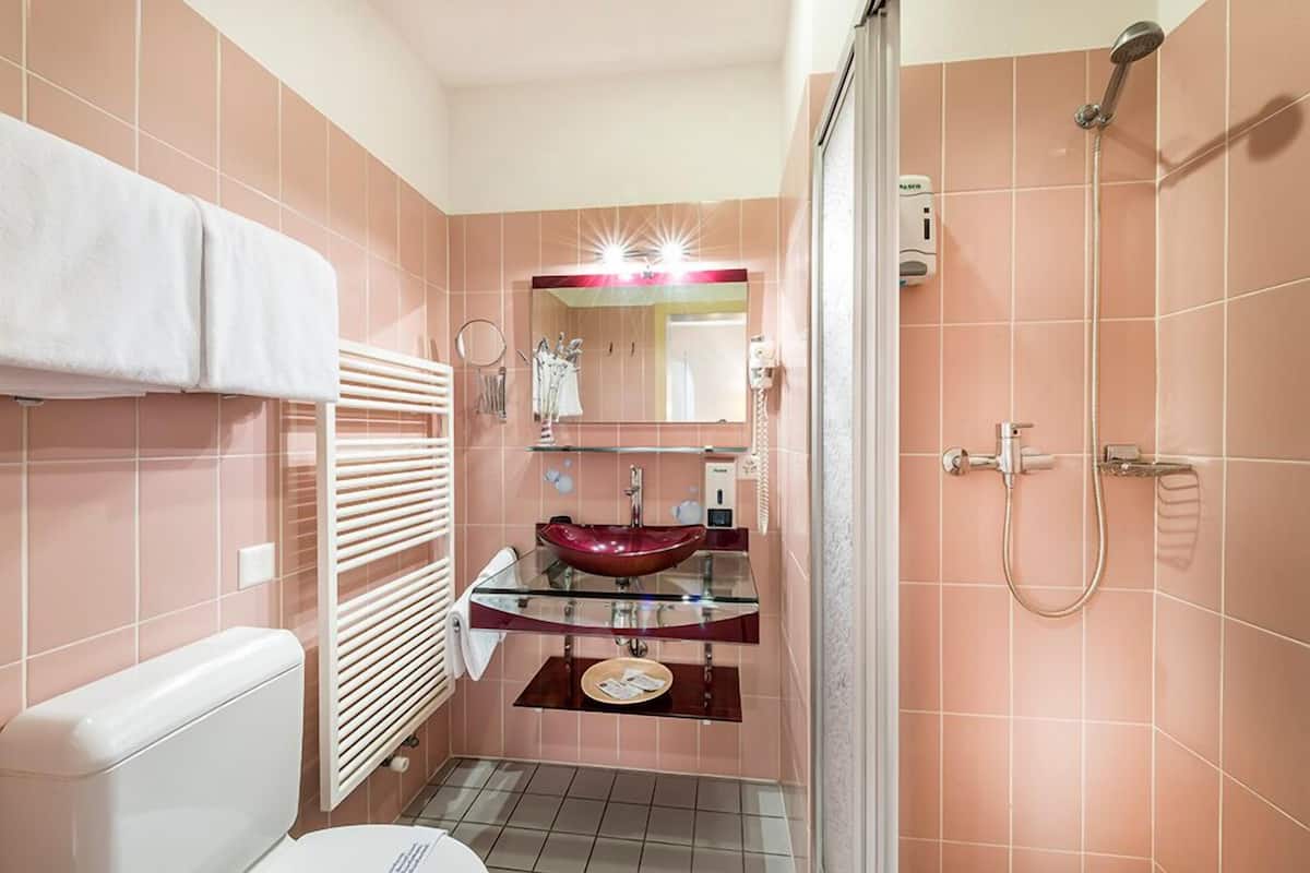 superior double room, lakeside | bathroom | shower, hair dryer, towels