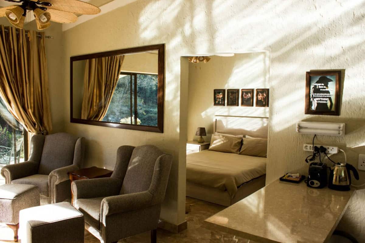 A room with a bed, two armchairs, a bedside table with a lamp, a TV, and a window with curtains.