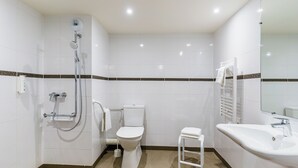 Une salle de bain avec des toilettes, une douche et un lavabo.