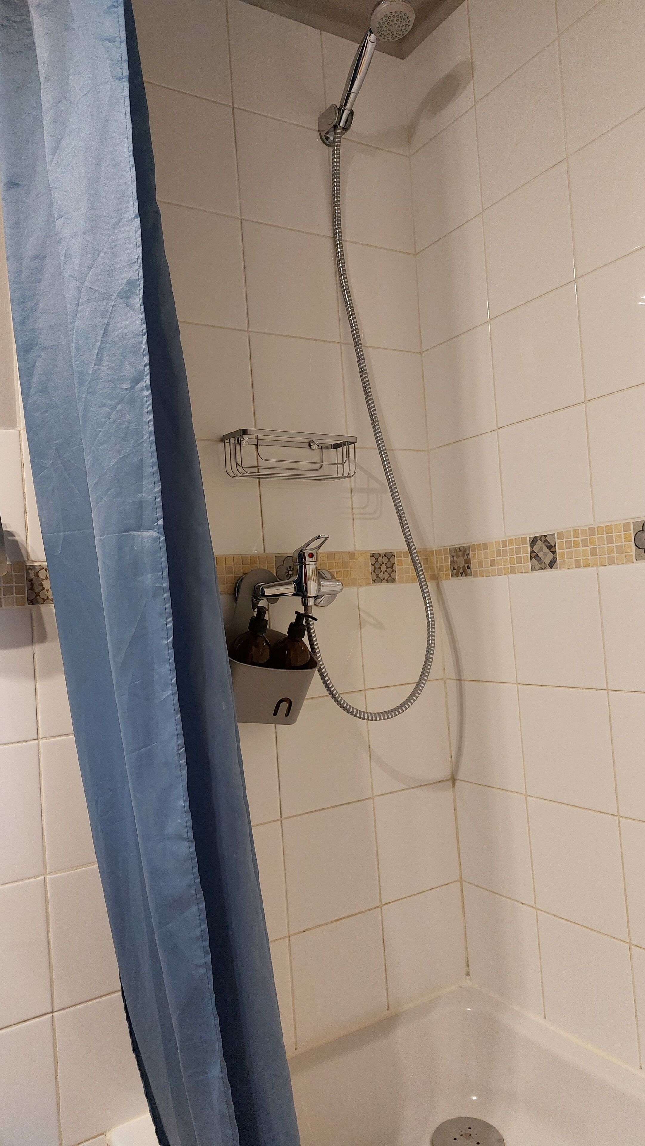 A shower area with a handheld showerhead, a wall-mounted faucet, and a soap dispenser.