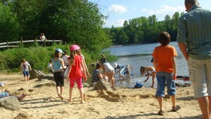 A sandy beach with people engaging in various activities near a body of water, surrounded by greenery. - Ferienwohnpark Silbersee (Frielendorf)