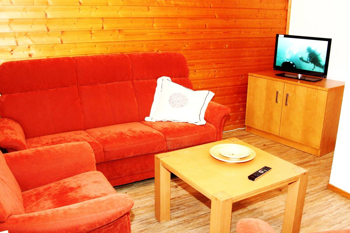 A room with a wooden floor, a red sofa, a wooden table, and a television on a wooden cabinet.