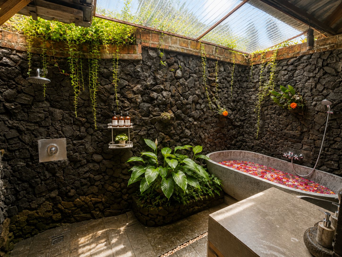 A bathroom with a stone wall, a large bathtub, and a shower.