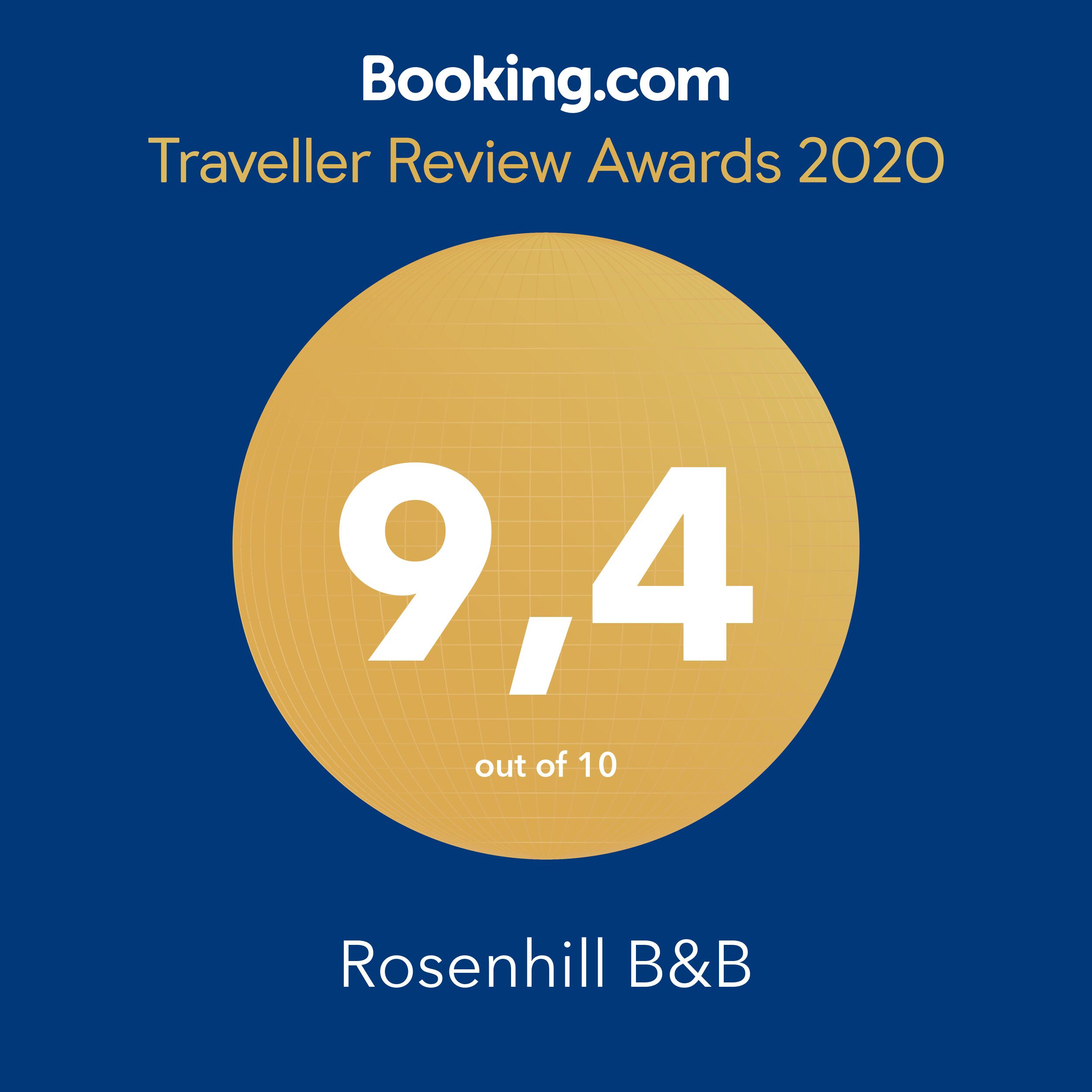 A circular badge with the text "Booking.com Traveller Review Awards 2020" and a rating of "9.4 out of 10" for "Rosenhill B&B".