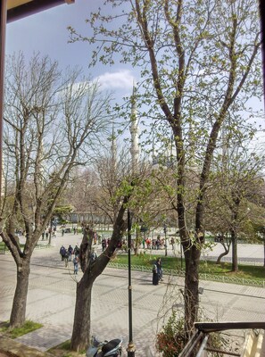 A park with trees, a paved walkway, and a distant view of a mosque with minarets.