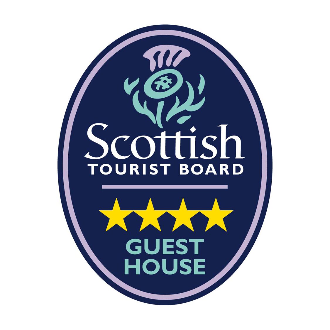 A logo for the Scottish Tourist Board with a five-star rating and the words "Guest House" below it.