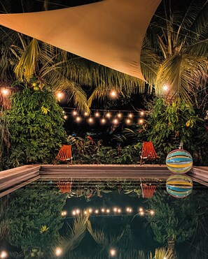 An outdoor pool area with a clear pool, surrounded by lush greenery and palm trees, under a canopy. - Hotel Michanti (Chiltiupan)