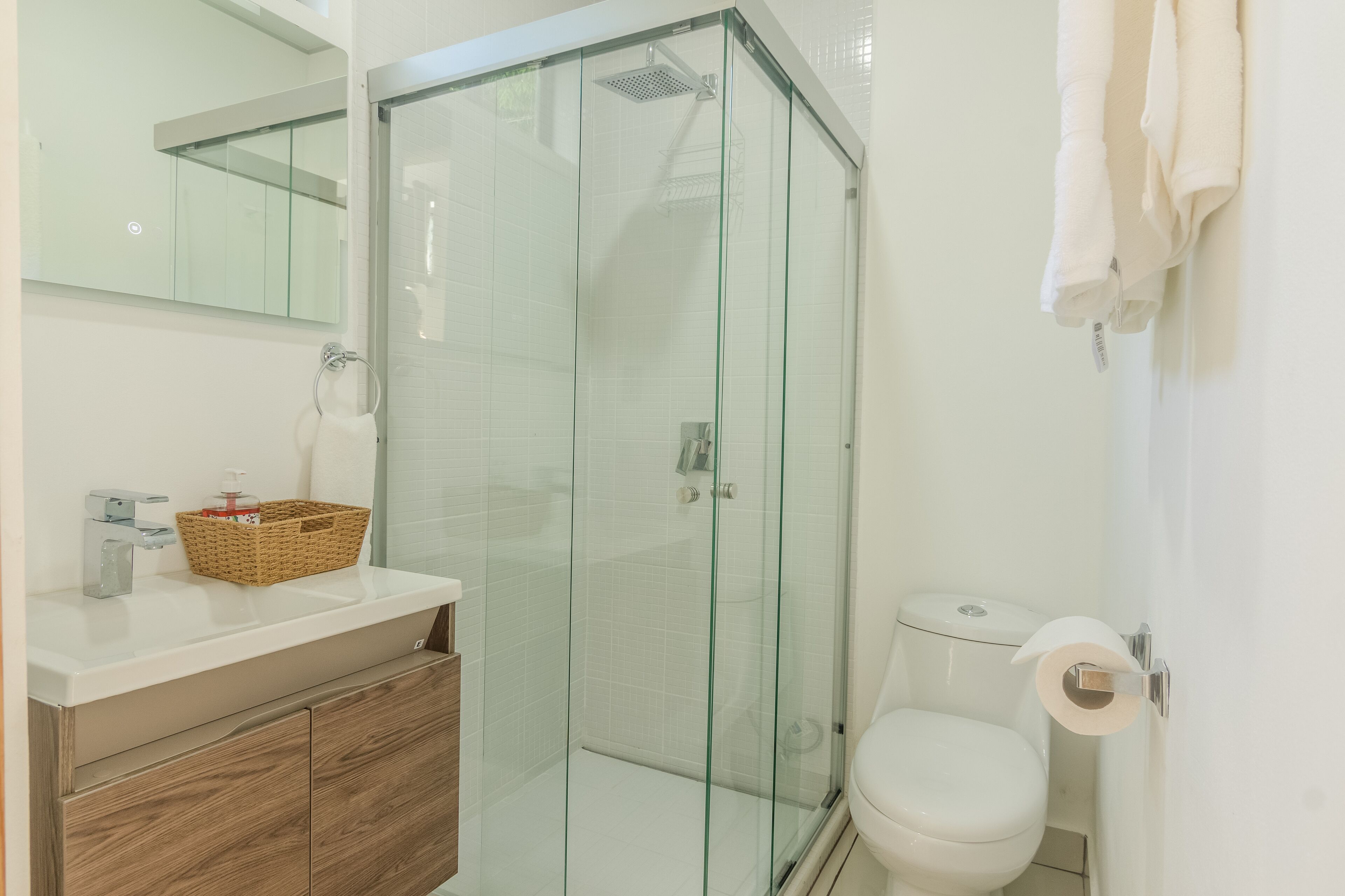 Een moderne badkamer met een douchecabine van glas, een wit wastafelmeubel met houten details, en een toilet met een rol toiletpapier.