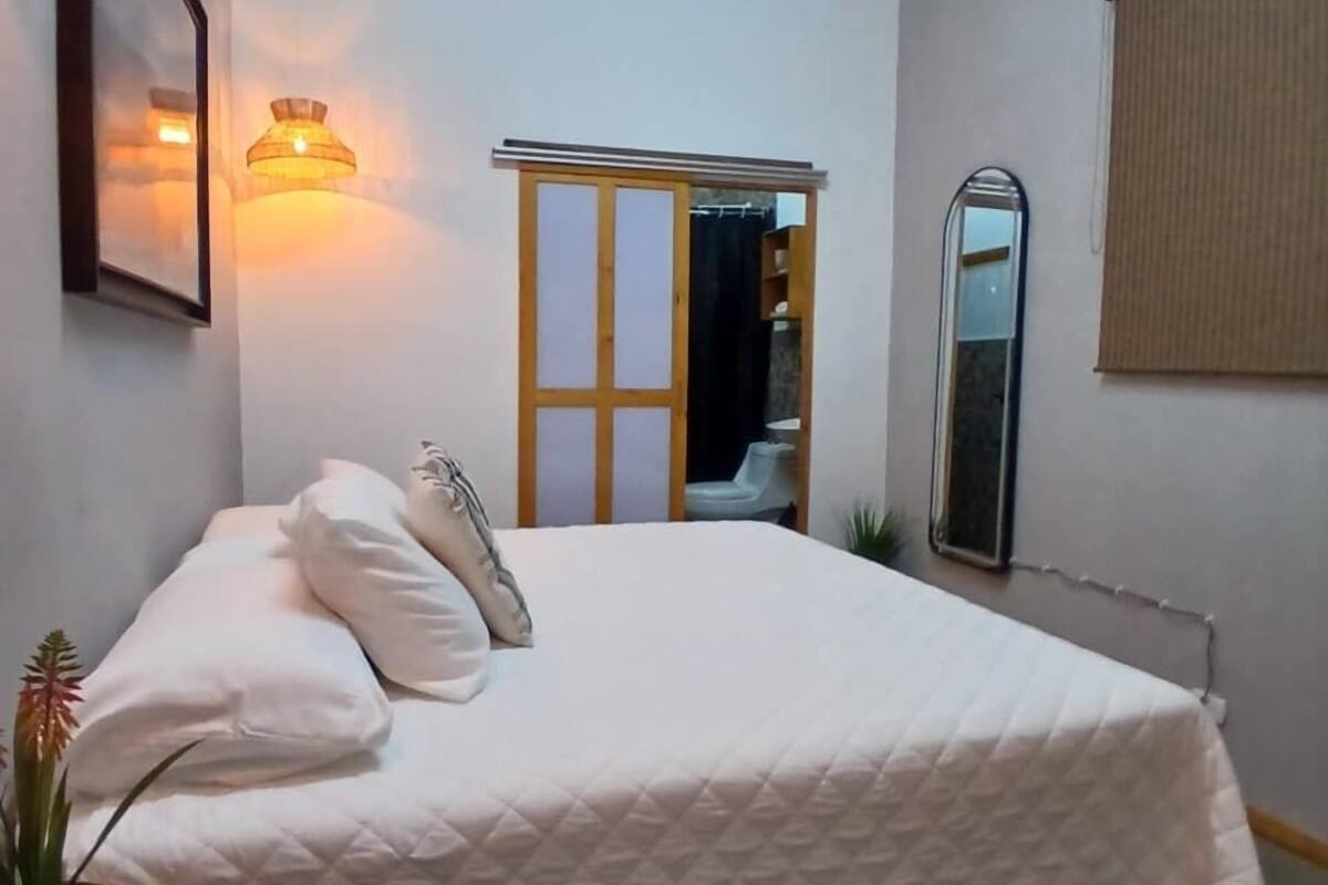 A neatly made bed with a quilted white cover, a bedside lamp, a mirror, and a small potted plant on a round table beside the bed.