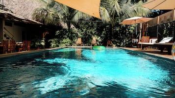 A clear swimming pool with lounge chairs and umbrellas, surrounded by palm trees and a shaded area.