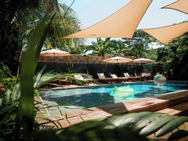 Outdoor pool, pool umbrellas, sun loungers