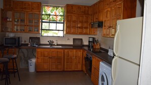 A kitchen with wooden cabinets, a microwave, a sink, a washing machine, and a window with a plant. - Eullen Villa (Arthurs Seat)