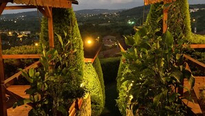 Un sendero de jardín con pérgolas de madera y plantas en macetas que conduce a una vista de un pueblo lejano.