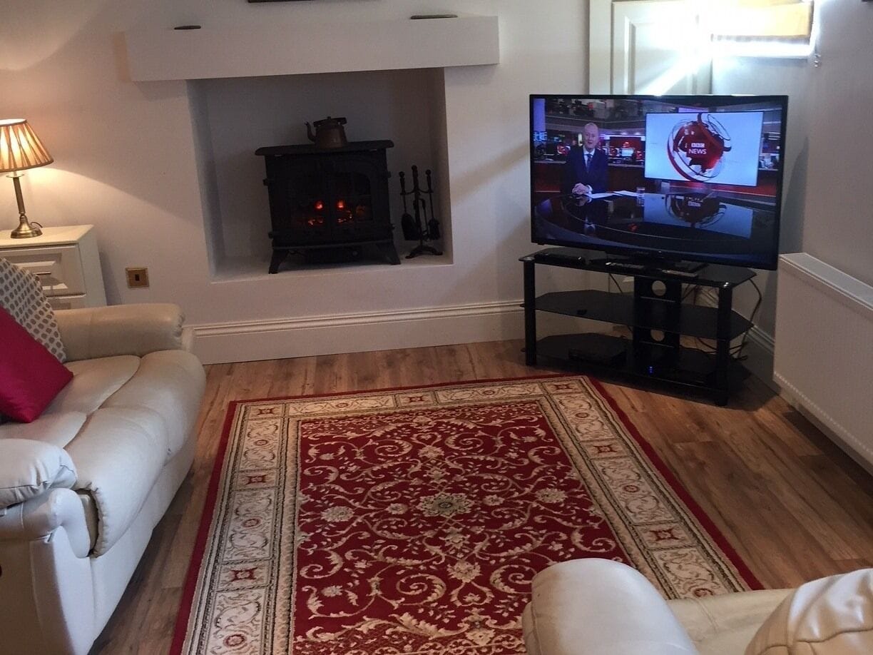 Una sala de estar con chimenea, televisor y alfombra estampada.